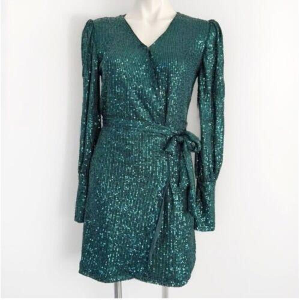 NEW AQUA Belted Sequin Dress GREEN emerald SMALL Formal Cocktail party